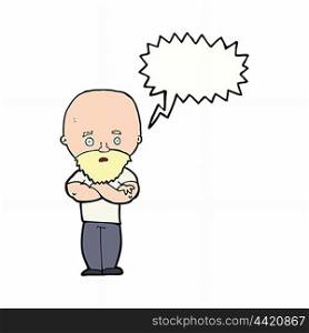 cartoon shocked bald man with beard with speech bubble