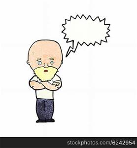 cartoon shocked bald man with beard with speech bubble