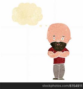 cartoon shocked bald man with beard with thought bubble