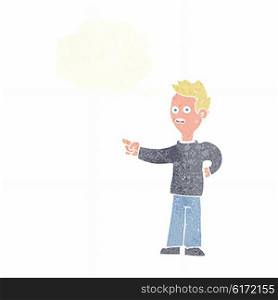 cartoon shocked boy pointing with thought bubble