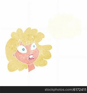 cartoon shocked female face with thought bubble