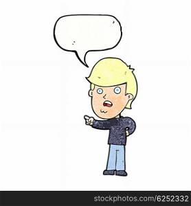 cartoon shocked man pointing with speech bubble