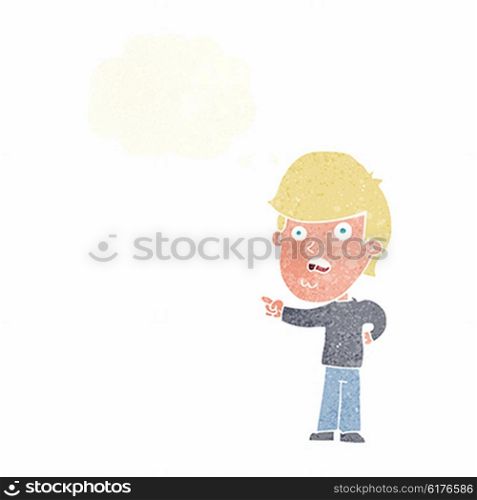 cartoon shocked man pointing with thought bubble