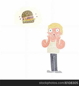 cartoon shocked man thinking about junk food