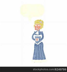 cartoon shocked victorian woman with speech bubble
