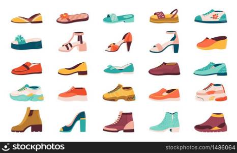 Cartoon shoes. Flat autumn footwear, running shoes and summer sandals, male and female sneakers and boots collection. Vector isolated illustration set of shoes. Cartoon shoes. Flat autumn footwear, running shoes and summer sandals, male and female sneakers and boots. Vector isolated set of shoes