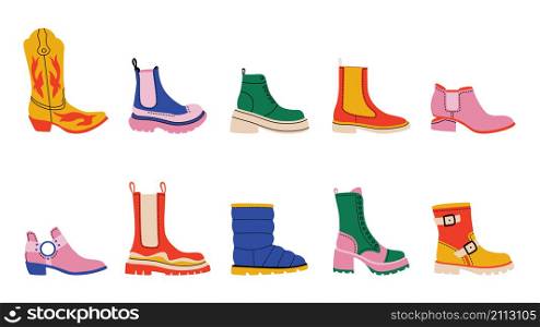 Cartoon shoes. Simple trendy male and female colourful boots, contemporary graphic template of footwear. Vector isolated set illustrations sets casual boot. Cartoon shoes. Simple trendy male and female colourful boots, contemporary graphic template of footwear. Vector isolated set