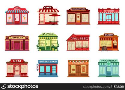 Cartoon shop facades. Different stores, local storefront or retail town. Pharmacy, restaurant on city street. Commercial buildings vector set. Facade city store, barbershop and grill bbq illustration. Cartoon flat shop facades. Different stores, local storefront or retail in town. Pharmacy, restaurant on city street. Commercial buildings recent vector set