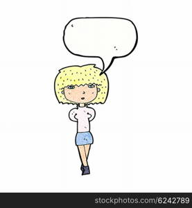 cartoon shy woman with speech bubble