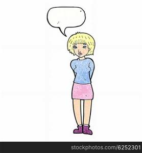 cartoon shy woman with speech bubble