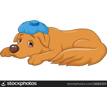Cartoon sick dog with ice bag, isolated on white background