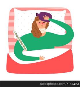 Cartoon sick woman lying in bed with thermometer. Vector person lying in bed, sick woman with fever illustration. Cartoon sick woman lying in bed with thermometer