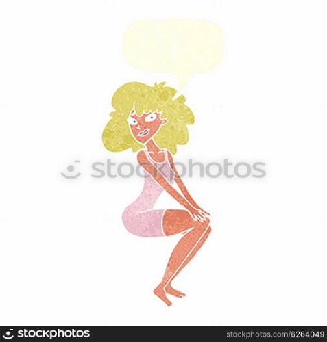 cartoon sitting woman in dress with speech bubble