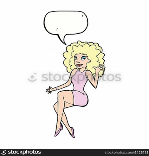 cartoon sitting woman waving with speech bubble