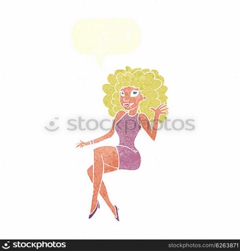 cartoon sitting woman waving with speech bubble