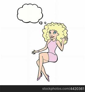 cartoon sitting woman waving with thought bubble