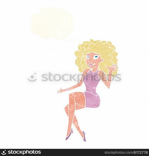 cartoon sitting woman waving with thought bubble