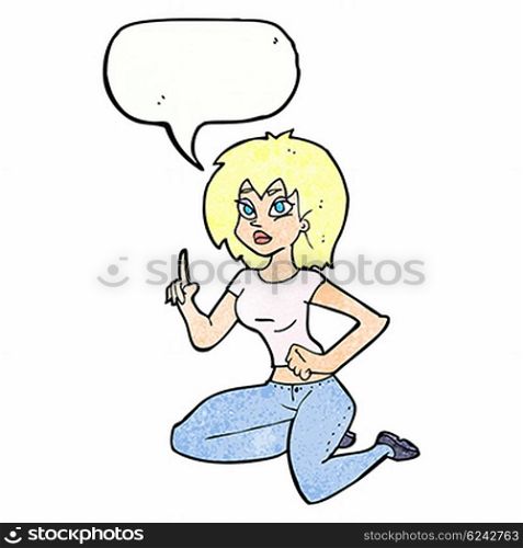 cartoon sitting woman with idea with speech bubble
