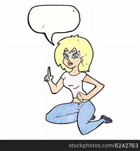 cartoon sitting woman with idea with speech bubble