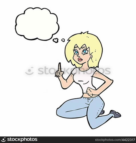 cartoon sitting woman with idea with thought bubble