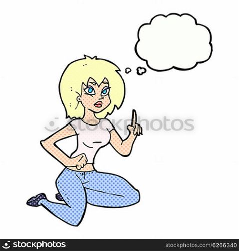 cartoon sitting woman with idea with thought bubble