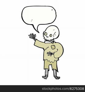 cartoon skeleton waving with speech bubble