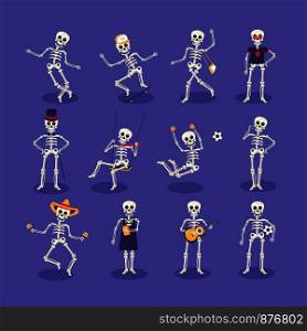 Cartoon skeletons characters. Vector Dia de los Muertos Mexican holiday design of woman skeleton in dress, funny boy with skull T-shirt or playing football and guitar or dance with maracas in sombrero. People in sauna man and woman characters. Vector icons
