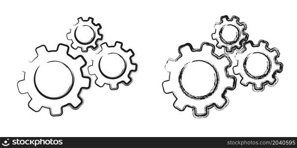 Cartoon, sketch cogwheels brain. Think big ideas. Gear mechanism settings tools template banner. Funny vector cog signs. Cogwheel strategy teamwork concept icons.