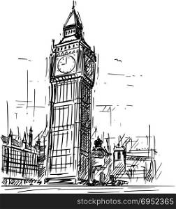 Cartoon Sketch of Big Ben Clock Tower in London, England, United Kingdom. Cartoon sketch drawing illustration of Westminster Palace, Big Ben Elizabeth clock tower in London, England, United Kingdom.