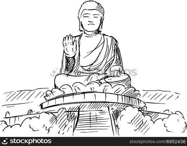 Cartoon Sketch of the Tian Tan or Big Buddha statue, Hong Kong. Cartoon sketch drawing illustration of Tian Tan or Big Buddha statue, Ngong Ping, Lantau Island, Hong Kong.