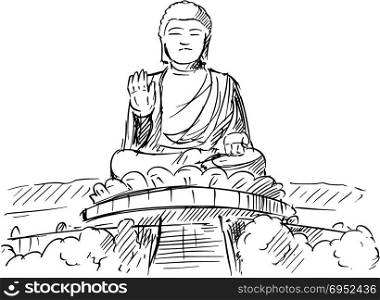 Cartoon Sketch of the Tian Tan or Big Buddha statue, Hong Kong. Cartoon sketch drawing illustration of Tian Tan or Big Buddha statue, Ngong Ping, Lantau Island, Hong Kong.