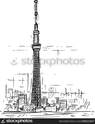 Cartoon Sketch of Tokyo Skytree tower, Japan. Cartoon sketch drawing illustration of Tokyo Skytree tower in Sumida, Japan.
