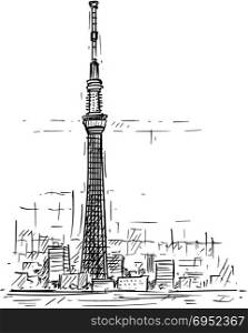 Cartoon Sketch of Tokyo Skytree tower, Japan. Cartoon sketch drawing illustration of Tokyo Skytree tower in Sumida, Japan.