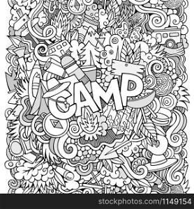 Cartoon sketchy cute doodles hand drawn illustration. Line art picture with camping theme items. Doodle inscription Camp. Cartoon sketchy cute doodles hand drawn illustration.