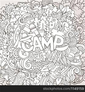 Cartoon sketchy cute doodles hand drawn illustration. Line art picture with camping theme items. Doodle inscription Camp. Cartoon sketchy cute doodles hand drawn illustration.