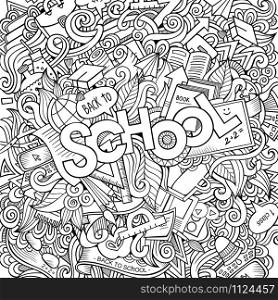 Cartoon sketchy hand-drawn Doodle on the subject of education. Design background with school hand lettering, objects and symbols. Vector illustration.. Cartoon sketchy hand-drawn Doodle on the subject of education