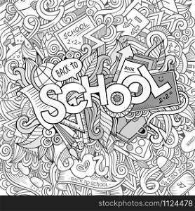 Cartoon sketchy hand-drawn Doodle on the subject of education. Design background with school hand lettering, objects and symbols. Vector illustration.. Cartoon sketchy hand-drawn Doodle on the subject of education