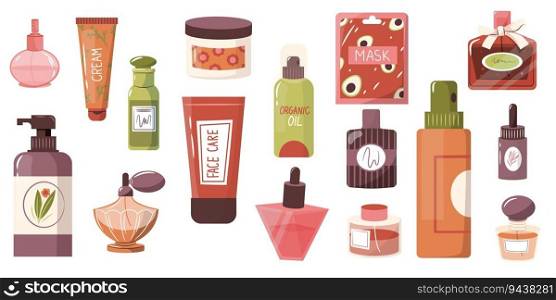 Cartoon skin care bottles. Beauty products jar with foam and lotion, healthy organic products in tubes and glasses. Vector flat set of cream and foam for skin, bottle for care illustration. Cartoon skin care bottles. Beauty products jar with foam and lotion, healthy organic products in tubes and glasses. Vector flat set