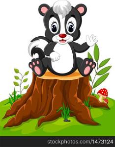 Cartoon skunk posing on tree stump