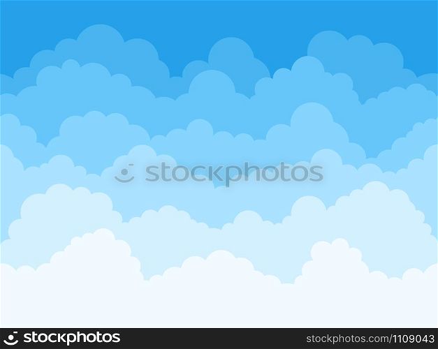 Cartoon sky clouds background. Fluffy clouds in blue sky, cloudscape scene, cloudy weather panorama vector background illustration. Cloudscape in layers. Pattern design. Heavens backdrop. Cartoon sky clouds background. Fluffy clouds in blue sky, cloudscape scene, cloudy weather panorama vector background illustration. Layered cloudcsape backdrop. Pattern design. Heavens