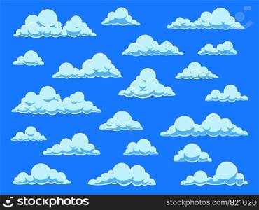 Cartoon sky clouds. Cloudscape in blue sky panorama, different shapes of white clouds, isolated vector set for cute baby nature happy beautiful template wallpaper. Cartoon sky clouds. Cloudscape in blue sky panorama, different shapes of white clouds, isolated vector set for cute baby wallpaper