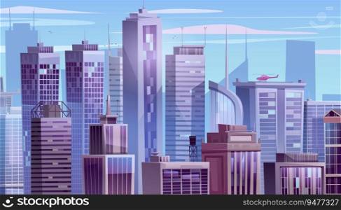 Cartoon skyscraper cityscape vector background. Urban street sky scene with business office window panorama game environment. Abstract perspective view on corporate architecture scape on sunny day. Cartoon skyscraper cityscape vector background