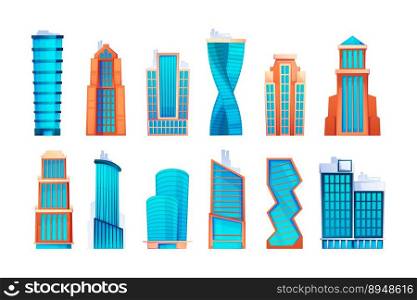 Cartoon skyscrapers. Modern city high towers with apartments and offices, urban residential block with tall architecture buildings. Vector set. Outdoor infrastructure, metropolis collection. Cartoon skyscrapers. Modern city high towers with apartments and offices, urban residential block with tall architecture buildings. Vector set