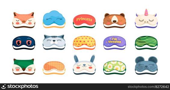 Cartoon sleeping masks. Cute face blindfold mockups, tired sleepy animal face protection, night spa accessories. Vector isolated set. Bedtime nightwear collection with bear, cat, owl and fox. Cartoon sleeping masks. Cute face blindfold mockups, tired sleepy animal face protection, night spa accessories. Vector isolated set