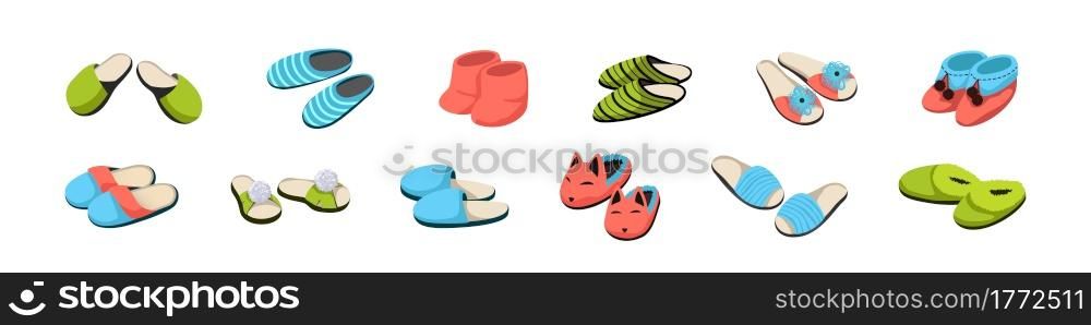 Cartoon slippers. Pairs of shoes for home. Comfortable soft male or female footwear set. Casual fabric footgear with decorative pompons and funny fox heads. Vector isolated colorful cozy sneakers. Cartoon slippers. Pairs of shoes for home. Comfortable soft male or female footwear set. Casual footgear with decorative pompons and funny fox heads. Vector isolated colorful sneakers