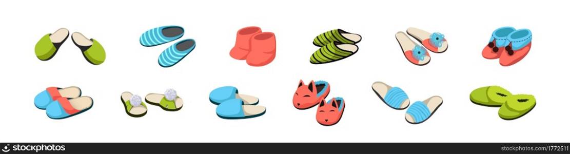 Cartoon slippers. Pairs of shoes for home. Comfortable soft male or female footwear set. Casual fabric footgear with decorative pompons and funny fox heads. Vector isolated colorful cozy sneakers. Cartoon slippers. Pairs of shoes for home. Comfortable soft male or female footwear set. Casual footgear with decorative pompons and funny fox heads. Vector isolated colorful sneakers