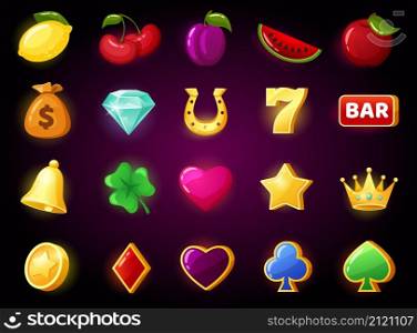 Cartoon slot game icon, casino gaming symbols. Cherry, diamond, crown spinning machine slots, online gambling, mobile games icons vector set. Isolated gui elements for mobile application. Cartoon slot game icon, casino gaming symbols. Cherry, diamond, crown spinning machine slots, online gambling, mobile games icons vector set