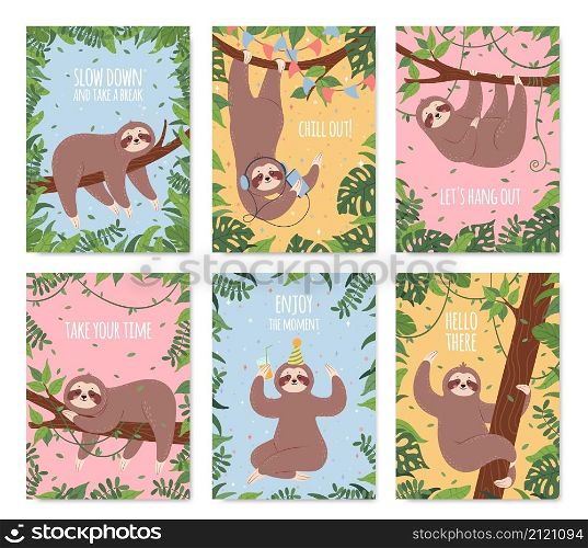 Cartoon sloth card, happy sloths sleeping or hanging from tree. Cute posters with sleepy lazy animal characters and funny phrases vector set. Congratulation birthday text greeting cards. Cartoon sloth card, happy sloths sleeping or hanging from tree. Cute posters with sleepy lazy animal characters and funny phrases vector set
