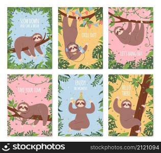 Cartoon sloth card, happy sloths sleeping or hanging from tree. Cute posters with sleepy lazy animal characters and funny phrases vector set. Congratulation birthday text greeting cards. Cartoon sloth card, happy sloths sleeping or hanging from tree. Cute posters with sleepy lazy animal characters and funny phrases vector set