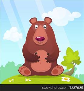 Cartoon small baby bear sitting in the green summer meadow Vector illustration